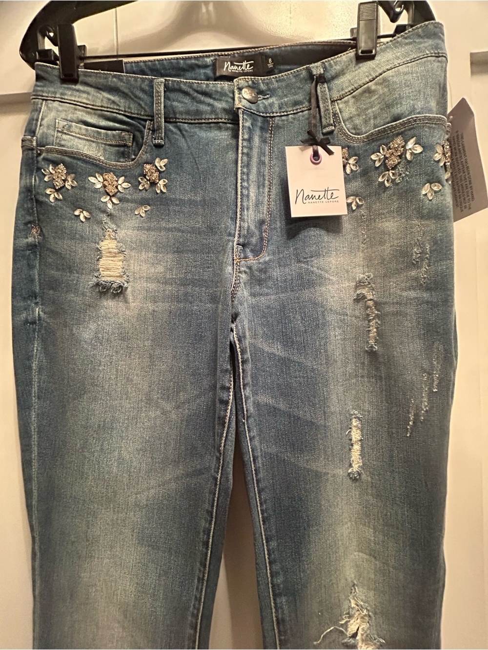 NWT Nanette Lepore Thompson Boyfriend with Crystals /Distressed  Jean
